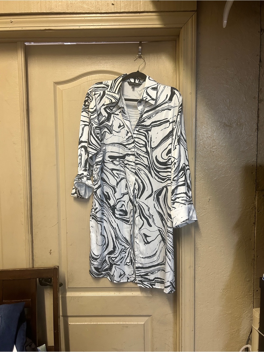 Ming Wang Black & White Marble-Print Long Sleeve Shirt Dress 070826